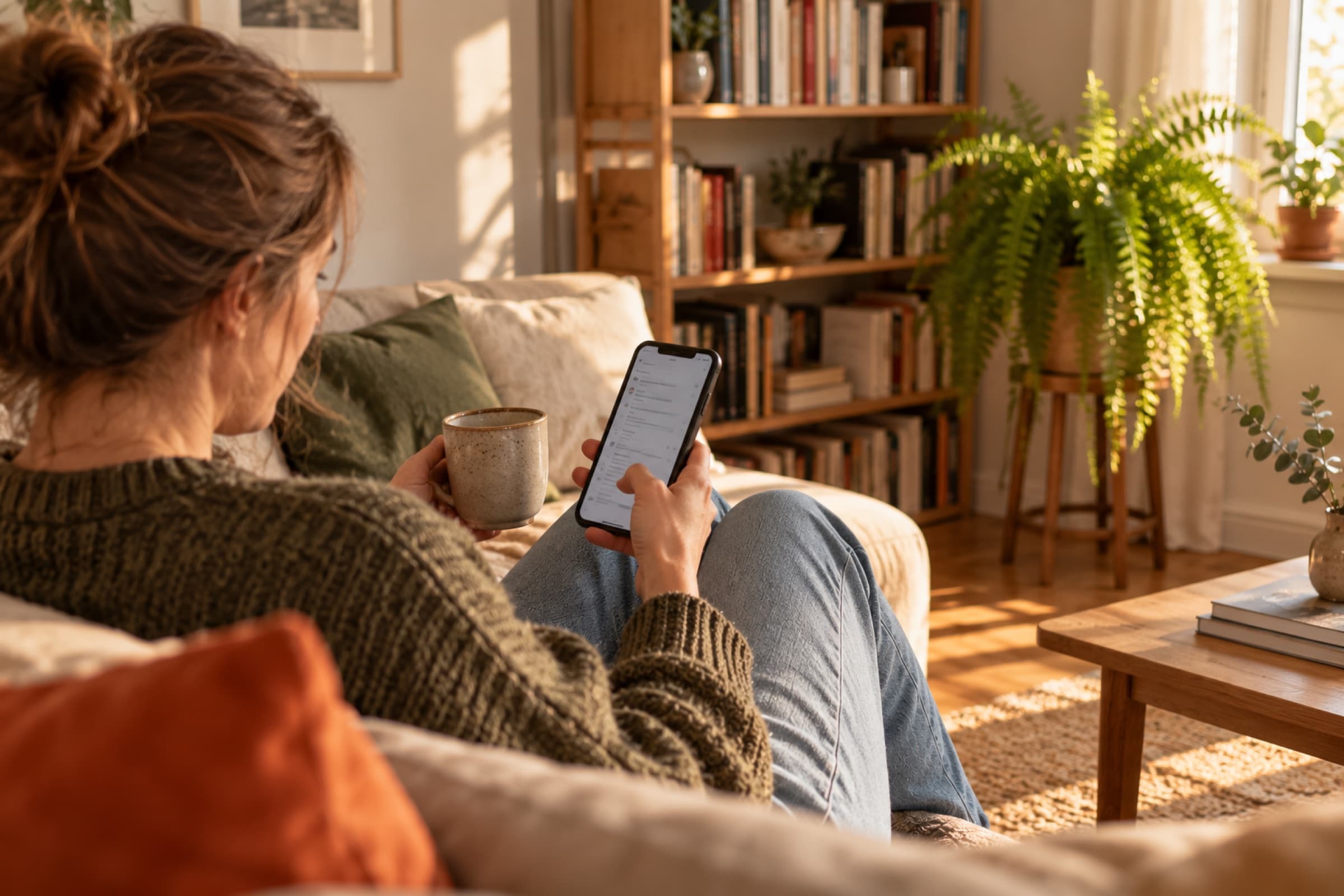 Eine Person liest auf dem Sofa eine E-Mail auf dem Smartphone.