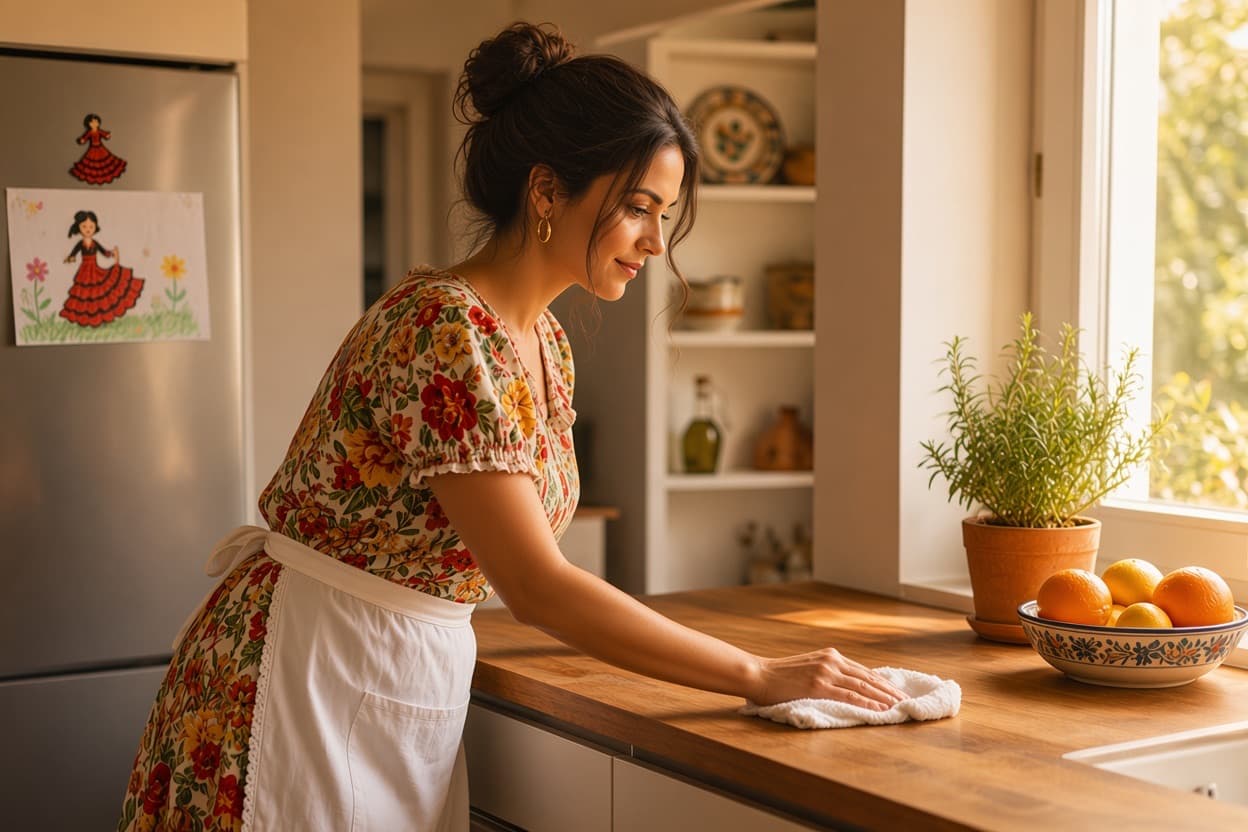 Ilustración: una profesional de la limpieza pasa un paño por la encimera de la cocina en un piso luminoso