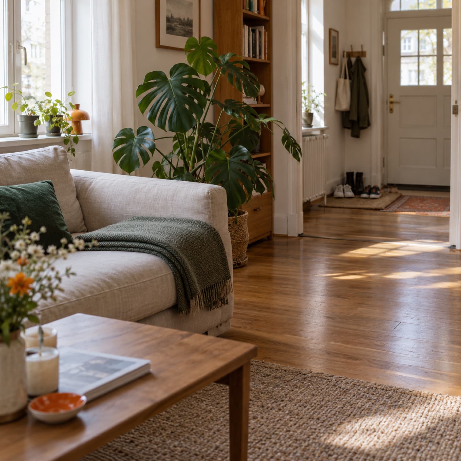 ⟦Ein aufgeräumtes Wohnzimmer mit Sofa und Pflanze nach der Reinigung.⟧